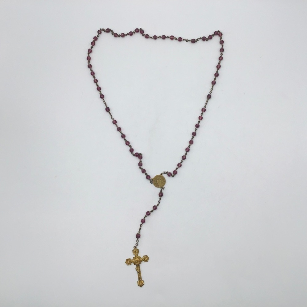 Vtg Rosary Crucifix Cross INRI Catholic Amethyst Glass Bead Mary Necklace 17”